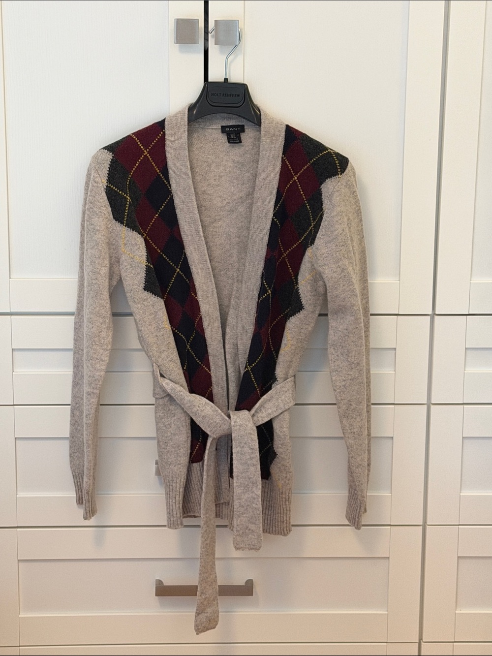 Gant Beige Open-Front Argyle Belted Cardigan with Burgundy & Black